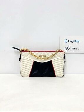 Miu Miu Cream and Black Quilted Leather Wristlet with Gold Chain